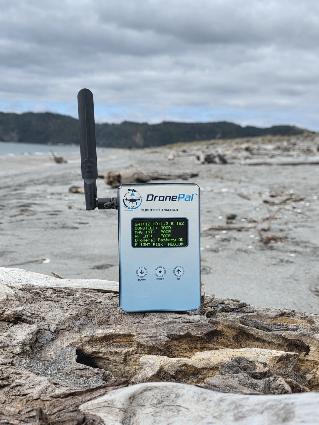 DronePal Flight Risk Analyser showing GPS, magnetic and RF status with a medium flight-risk indication